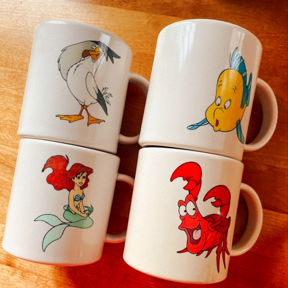 1990's Vintage Four Disney Little Mermaid Movie Mugs in very good shape.